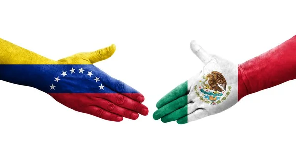 墨西哥和委内瑞拉之间握手 手绘国旗 孤立透明的图像 — 图库照片