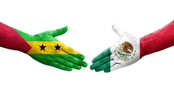メキシコとサントメの間の握手と手に描かれたプリンスの旗 孤立した透明なイメージ — ストック写真