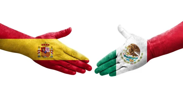 Рукостискання Між Мексиканськими Іспанськими Прапорами Намальоване Руках Ізольоване Прозоре Зображення — стокове фото