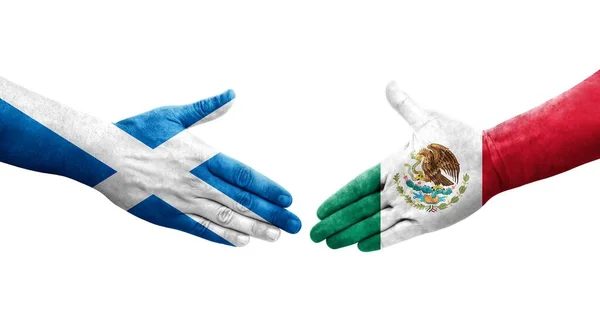 Mano Apretada Entre México Escocia Banderas Pintadas Las Manos Imagen — Foto de Stock