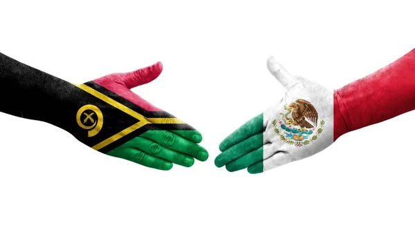 Handdruk Tussen Mexico Vanuatu Vlaggen Geschilderd Handen Geïsoleerd Transparant Beeld — Stockfoto
