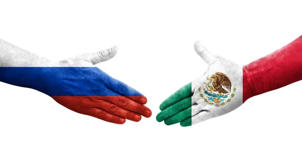 Kézfogás Mexikó Oroszország Között Kézre Festett Zászlók Elszigetelt Átlátszó Kép — Stock Fotó