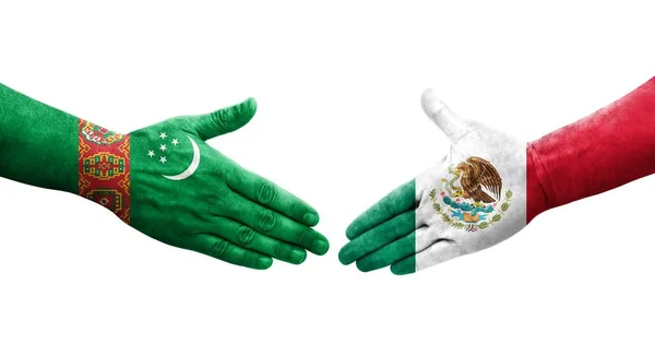 Händedruck Zwischen Mexiko Und Turkmenistan Fahnen Auf Händen Gemalt Isoliertes — Stockfoto