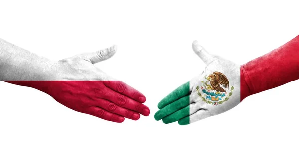Kézfogás Mexikó Lengyelország Között Kézre Festett Zászlók Elszigetelt Átlátszó Kép — Stock Fotó