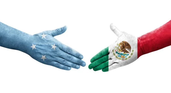 Χειραψία Μεταξύ Της Μικρονησίας Και Του Μεξικού Σημαίες Ζωγραφισμένα Στα — Φωτογραφία Αρχείου