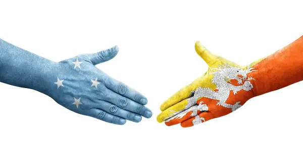 Handshake Micronesia Bhutan Flags Painted Hands Isolated Transparent Image — Stock Photo, Image