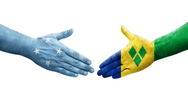Kézfogás Mikronézia Szent Vincent Grenadine Zászlók Között Kézre Festve Elszigetelt — Stock Fotó