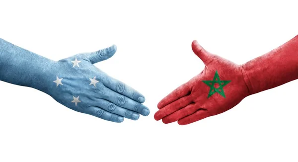 Χειραψία Μεταξύ Της Μικρονησίας Και Του Μαρόκου Σημαίες Ζωγραφισμένα Στα — Φωτογραφία Αρχείου