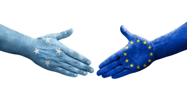 Handshake Micronesia European Union Flags Painted Hands Isolated Transparent Image — Stock Photo, Image