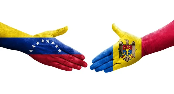 摩尔多瓦和委内瑞拉之间握手 手绘国旗 孤立透明的形象 — 图库照片