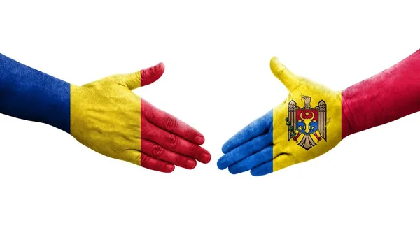 Aperto Mão Entre Moldávia Roménia Bandeiras Pintadas Mãos Imagem Transparente — Fotografia de Stock