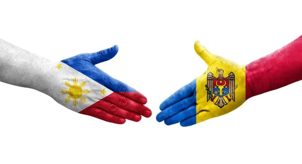 Handslag Mellan Moldavien Och Filippinerna Flaggor Målade Händer Isolerad Transparent — Stockfoto