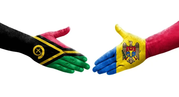 Handshake Moldova Vanuatu Flags Painted Hands Isolated Transparent Image — Stock Photo, Image