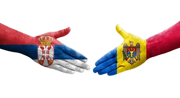 Handdruk Tussen Moldavië Servië Vlaggen Handen Geschilderd Geïsoleerd Transparant Beeld — Stockfoto