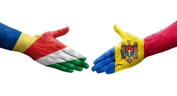 Aperto Mão Entre Moldávia Bandeiras Das Seicheles Pintadas Mãos Imagem — Fotografia de Stock