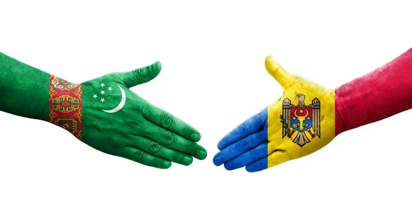 Aperto Mão Entre Moldávia Turquemenistão Bandeiras Pintadas Mãos Imagem Transparente — Fotografia de Stock