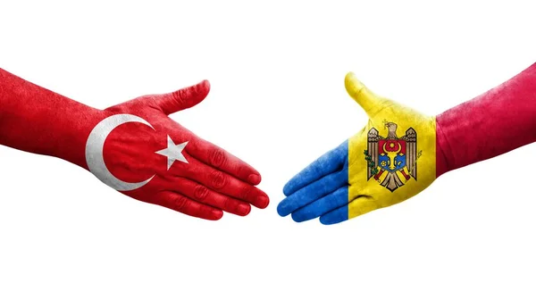 Stretta Mano Tra Moldavia Turchia Bandiere Dipinte Mani Immagine Isolata — Foto Stock