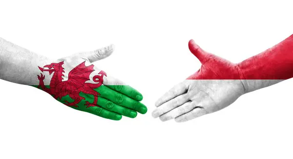 Handshake Entre Mônaco País Gales Bandeiras Pintadas Mãos Imagem Transparente — Fotografia de Stock