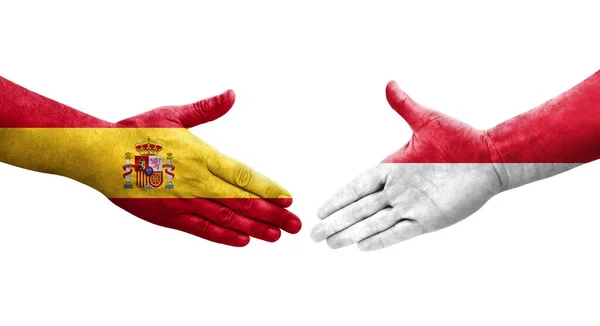 摩纳哥和西班牙之间的握手 手绘国旗 孤立透明的形象 — 图库照片