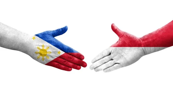 Uścisk Dłoni Między Monako Filipin Flagi Malowane Rękach Odizolowany Przezroczysty — Zdjęcie stockowe