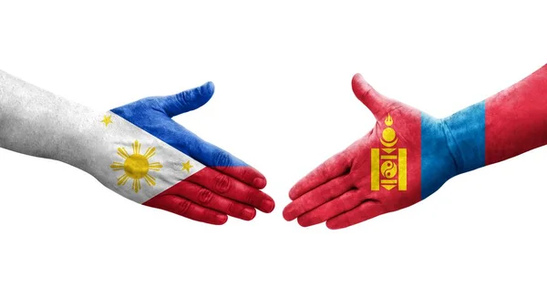 Potřesení Rukou Mezi Mongolskými Filipínskými Vlajkami Namalovanými Rukou Izolovaný Průhledný — Stock fotografie