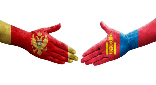 Aperto Mão Entre Bandeiras Mongólia Montenegro Pintadas Mãos Imagem Transparente — Fotografia de Stock