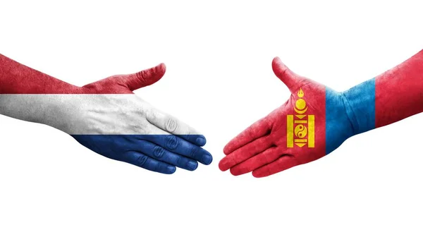 Рукостискання Між Монгольськими Голландськими Прапорами Намальоване Руках Ізольоване Прозоре Зображення — стокове фото