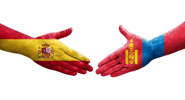 蒙古和西班牙之间的握手 手绘国旗 孤立透明的形象 — 图库照片