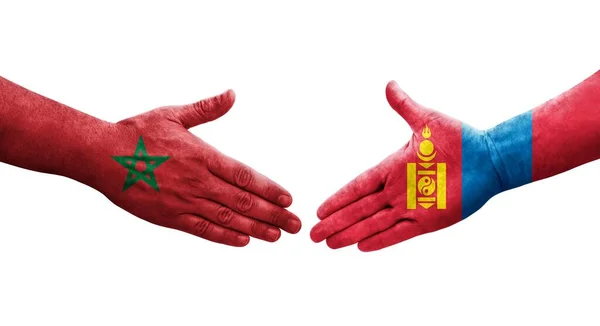Apretón Manos Entre Mongolia Marruecos Banderas Pintadas Las Manos Imagen — Foto de Stock