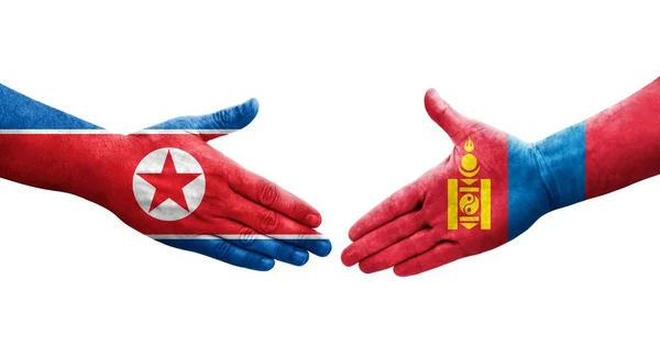 Aperto Mão Entre Mongólia Coreia Norte Bandeiras Pintadas Mãos Imagem — Fotografia de Stock