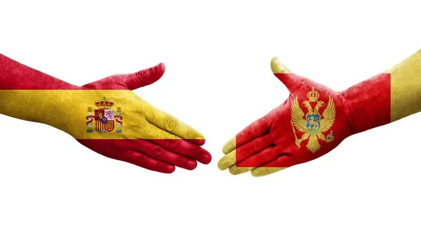 Χειραψία Μεταξύ Μαυροβουνίου Και Ισπανίας Σημαίες Ζωγραφισμένες Στα Χέρια Απομονωμένη — Φωτογραφία Αρχείου