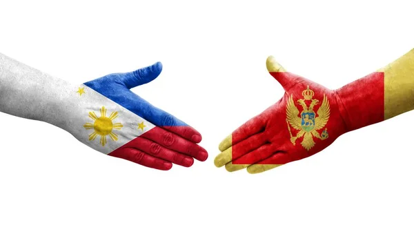 Potřesení Rukou Mezi Vlajkami Černé Hory Filipín Namalovanými Rukou Izolovaný — Stock fotografie