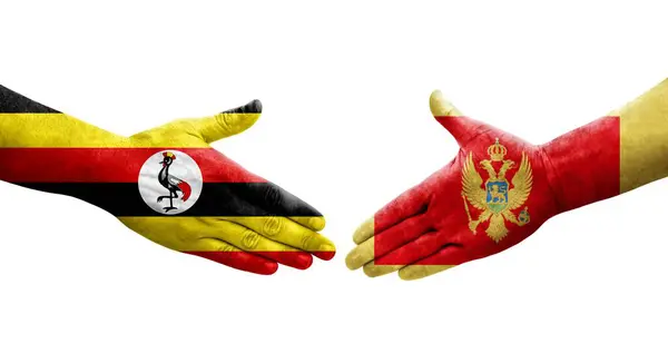 Handdruk Tussen Montenegro Oeganda Vlaggen Geschilderd Handen Geïsoleerd Transparant Beeld — Stockfoto