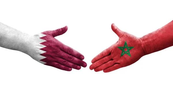 Apretón Manos Entre Marruecos Qatar Banderas Pintadas Las Manos Imagen — Foto de Stock