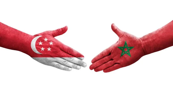 Apretón Manos Entre Marruecos Singapur Banderas Pintadas Las Manos Imagen — Foto de Stock
