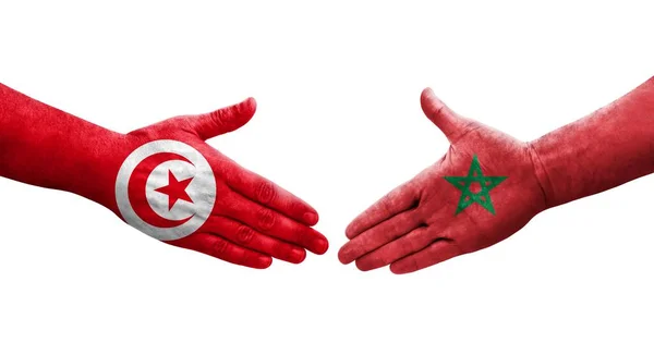 Рукопожатие Между Флагом Марокко Туниса Нарисованное Руках Изолированное Прозрачное Изображение — стоковое фото