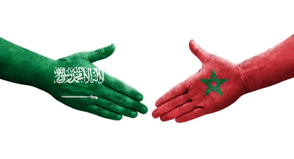 Apretón Manos Entre Marruecos Arabia Saudita Banderas Pintadas Las Manos — Foto de Stock