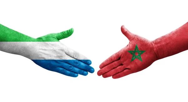 Apretón Manos Entre Marruecos Sierra Leona Banderas Pintadas Las Manos — Foto de Stock