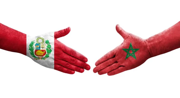 Händedruck Zwischen Marokkanischen Und Peruanischen Flaggen Auf Hände Gemalt Isoliertes — Stockfoto