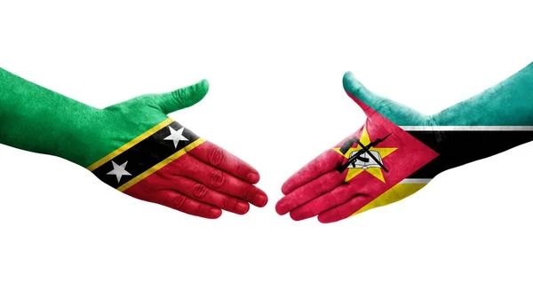 Χειραψία Μεταξύ Μοζαμβίκης Και Αγίου Kitts Και Nevis Σημαίες Ζωγραφισμένα — Φωτογραφία Αρχείου