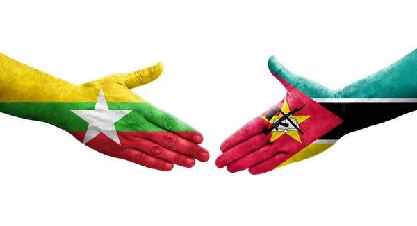 Stretta Mano Tra Mozambico Myanmar Bandiere Dipinte Mani Isolata Immagine — Foto Stock