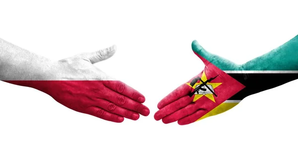 Χειραψία Μεταξύ Μοζαμβίκης Και Πολωνίας Σημαίες Ζωγραφισμένα Στα Χέρια Απομονωμένη — Φωτογραφία Αρχείου