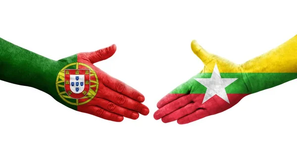 Apretón Manos Entre Myanmar Portugal Banderas Pintadas Las Manos Imagen — Foto de Stock