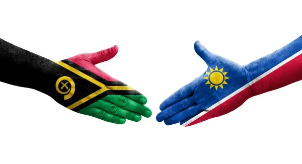 Aperto Mão Entre Namíbia Bandeiras Vanuatu Pintadas Mãos Imagem Transparente — Fotografia de Stock