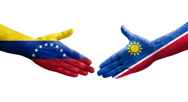 纳米比亚和委内瑞拉之间握手 手绘国旗 孤立透明的图像 — 图库照片