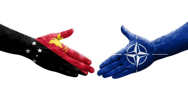 stock image Handshake between Nato and Papua New Guinea flags painted on hands, isolated transparent image.