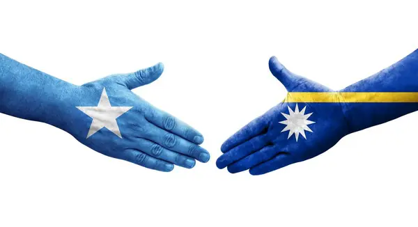 Handshake Nauru Somalia Flags Painted Hands Isolated Transparent Image — Stock Photo, Image