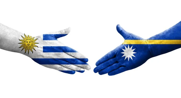 Handdruk Tussen Nauru Uruguay Vlaggen Geschilderd Handen Geïsoleerd Transparant Beeld — Stockfoto