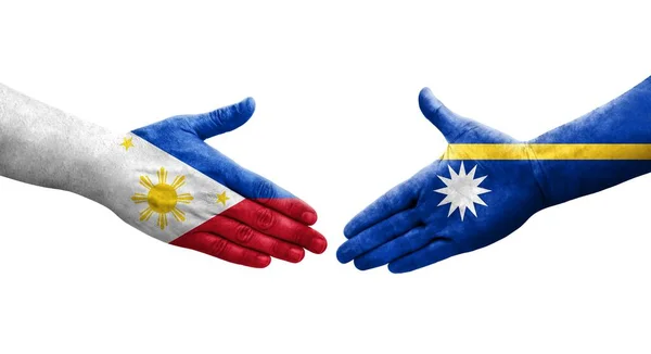 Potřesení Rukou Mezi Vlajkami Nauru Filipín Namalovanými Rukou Izolovaný Průhledný — Stock fotografie
