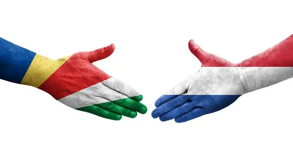 Handshake Netherlands Seychelles Flags Painted Hands Isolated Transparent Image — Stock Photo, Image